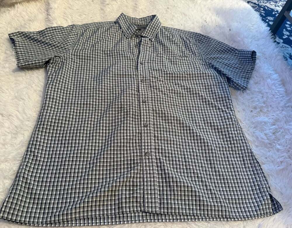 Eddie Bauer Plaid Short Sleeve Shirt Size L Black White Check Button Down